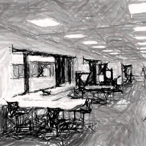 Tegning af klasseværelse.