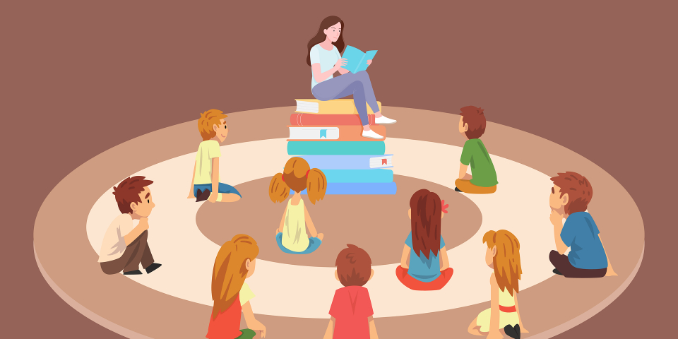 Lærer læser højt for børn i en rundkreds