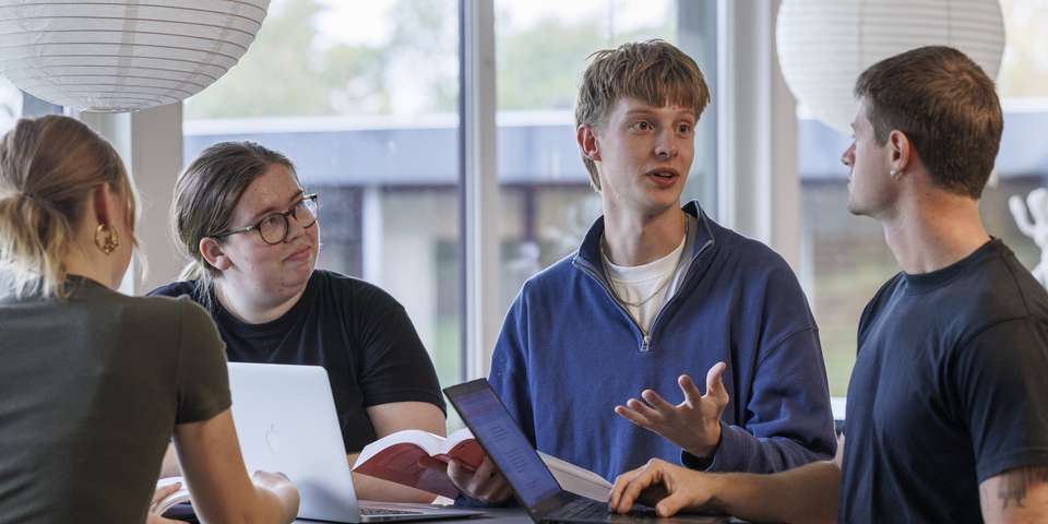 En gruppe af mandlige og kvindelige studerende står rundt om et bord i et gruppearbejde. Rispapirslampeskærm, blå sweatshirt, sweater, halskæde, vinduer, bøger, tatoveringer, stole, briller, macbook, computere. Diakoni.