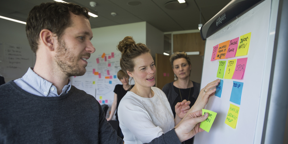 Gruppearbejde og evaluering til møde i mødelokale, Noter på post-it, sticky notes, flipover
