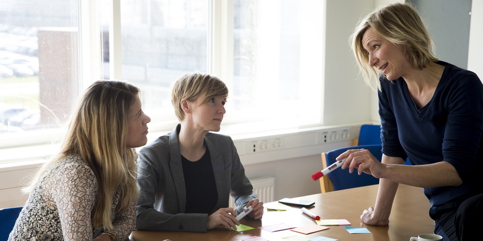 3 kvinder - kollegaer i samarbejde til gruppearbejde og evaluering til workshop, Noter på post-it, sticky notes, flipover