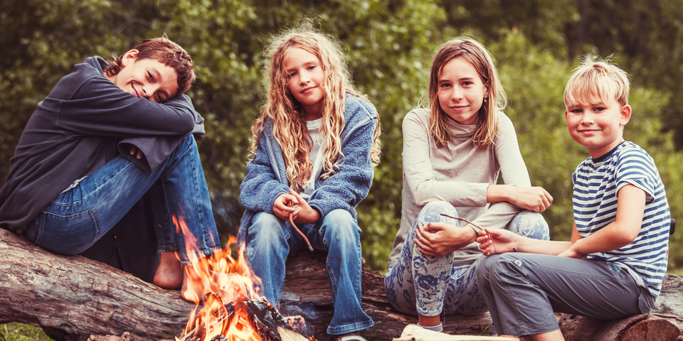 Fire børn sidder på en træstamme omkring et bål i naturen og smiler til kameraet