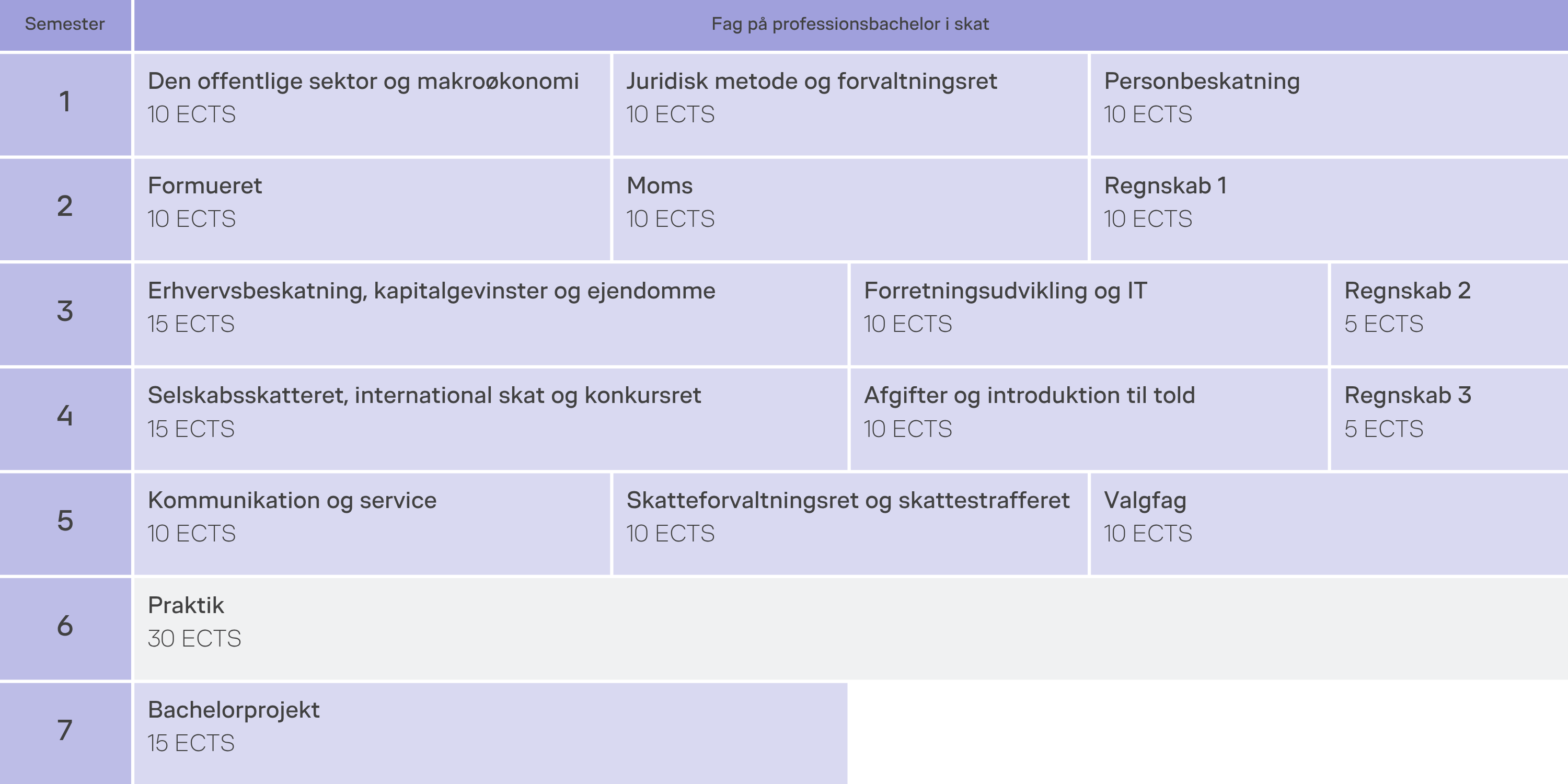 Oversigt over semestre, fag og praktik på uddannelsen.