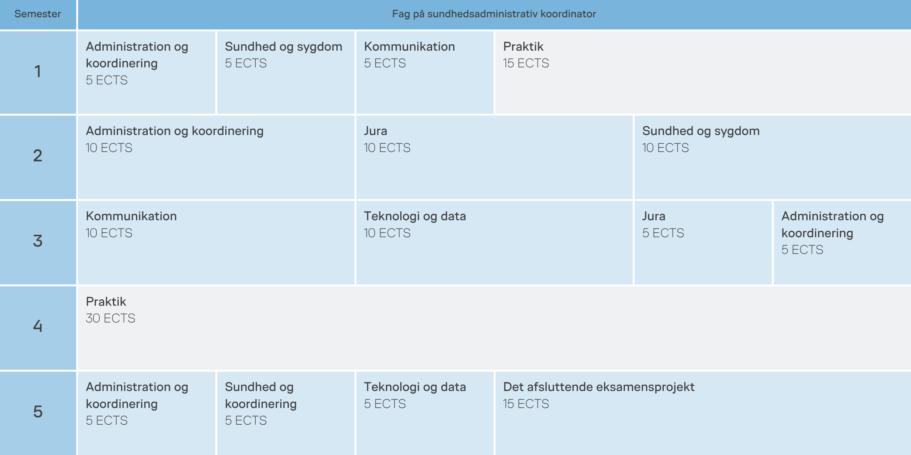 Oversigt over semestre, fag og praktik på uddannelsen.